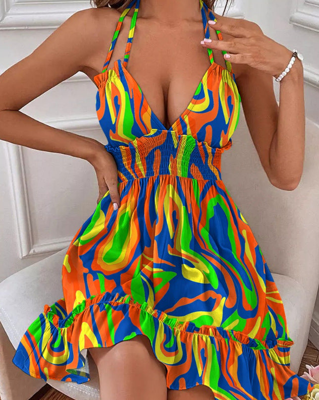 Europa y América Amazonía Transfronteriza Popular Ropa de Mujer Profunda V Cuerda Suspender Paralelo Plisado Vestido Sexy Grado de Playa
