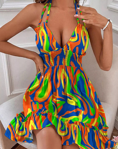 Europa y América Amazonía Transfronteriza Popular Ropa de Mujer Profunda V Cuerda Suspender Paralelo Plisado Vestido Sexy Grado de Playa