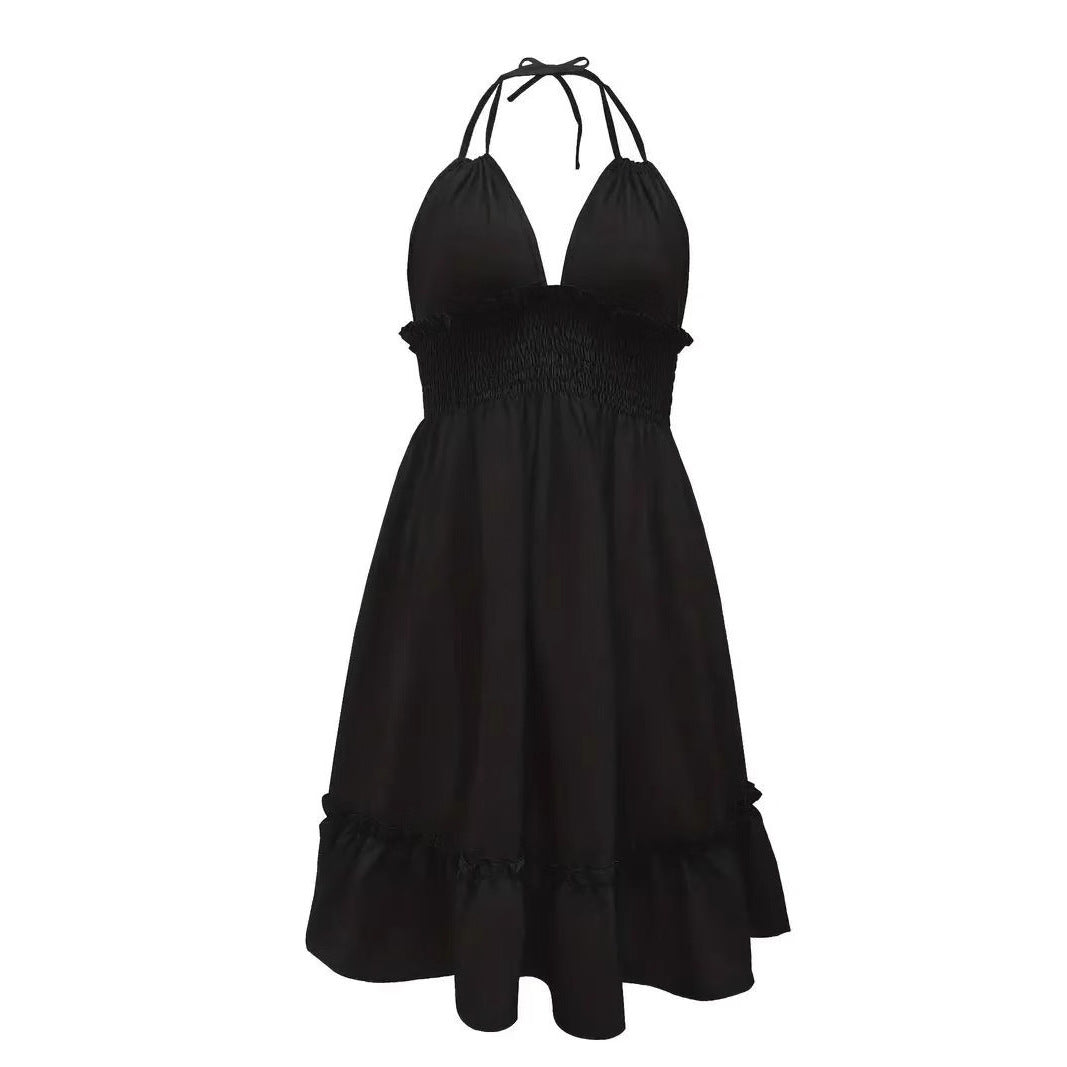 Europa y América Amazonía Transfronteriza Popular Ropa de Mujer Profunda V Cuerda Suspender Paralelo Plisado Vestido Sexy Grado de Playa