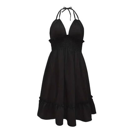 Europa y América Amazonía Transfronteriza Popular Ropa de Mujer Profunda V Cuerda Suspender Paralelo Plisado Vestido Sexy Grado de Playa