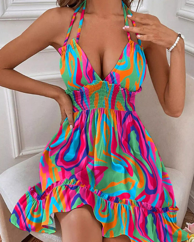 Europa y América Amazonía Transfronteriza Popular Ropa de Mujer Profunda V Cuerda Suspender Paralelo Plisado Vestido Sexy Grado de Playa
